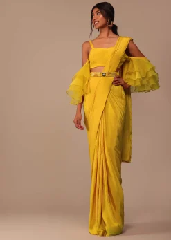 Mustard Yellow Crepe Saree With Ruffle Layered Blouse And Embroidered Belt