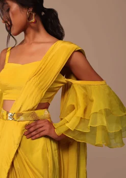 Mustard Yellow Crepe Saree With Ruffle Layered Blouse And Embroidered Belt