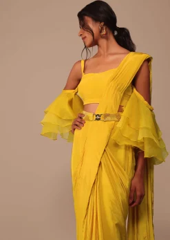 Mustard Yellow Crepe Saree With Ruffle Layered Blouse And Embroidered Belt