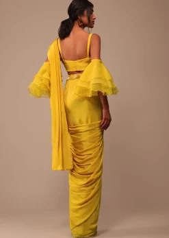 Mustard Yellow Crepe Saree With Ruffle Layered Blouse And Embroidered Belt