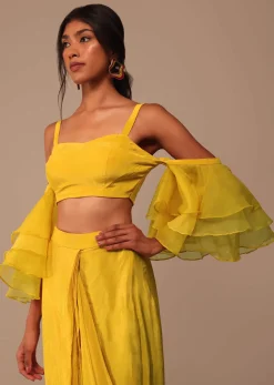 Mustard Yellow Crepe Saree With Ruffle Layered Blouse And Embroidered Belt