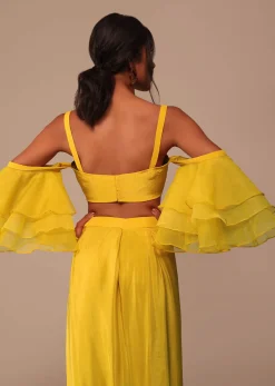Mustard Yellow Crepe Saree With Ruffle Layered Blouse And Embroidered Belt