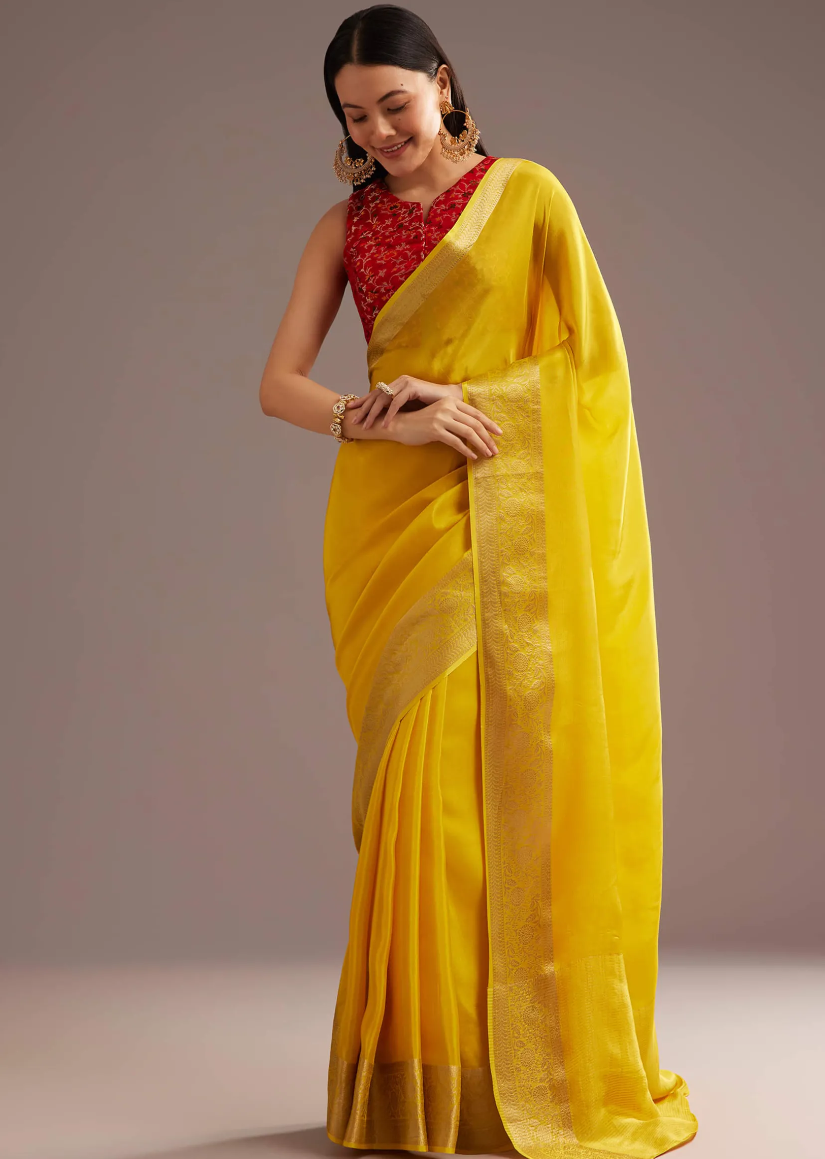 Mustard Yellow Crepe Silk Saree With Zari Border And Contrast Blouse