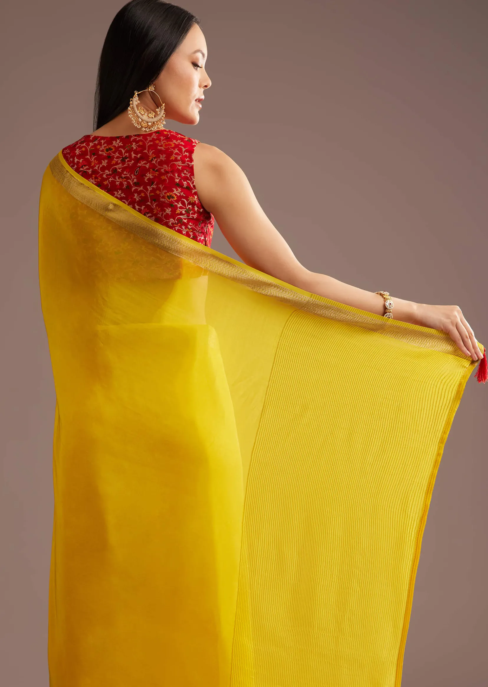 Mustard Yellow Crepe Silk Saree With Zari Border And Contrast Blouse