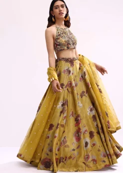 Mustard Yellow Embroidered Tissue Lehenga Choli Set