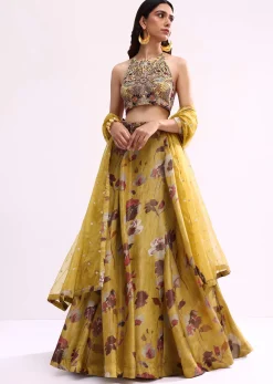 Mustard Yellow Embroidered Tissue Lehenga Choli Set