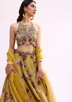Mustard Yellow Embroidered Tissue Lehenga Choli Set