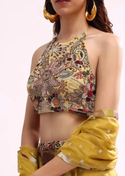 Mustard Yellow Embroidered Tissue Lehenga Choli Set