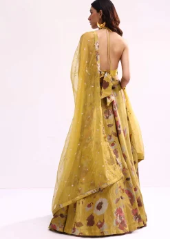 Mustard Yellow Embroidered Tissue Lehenga Choli Set