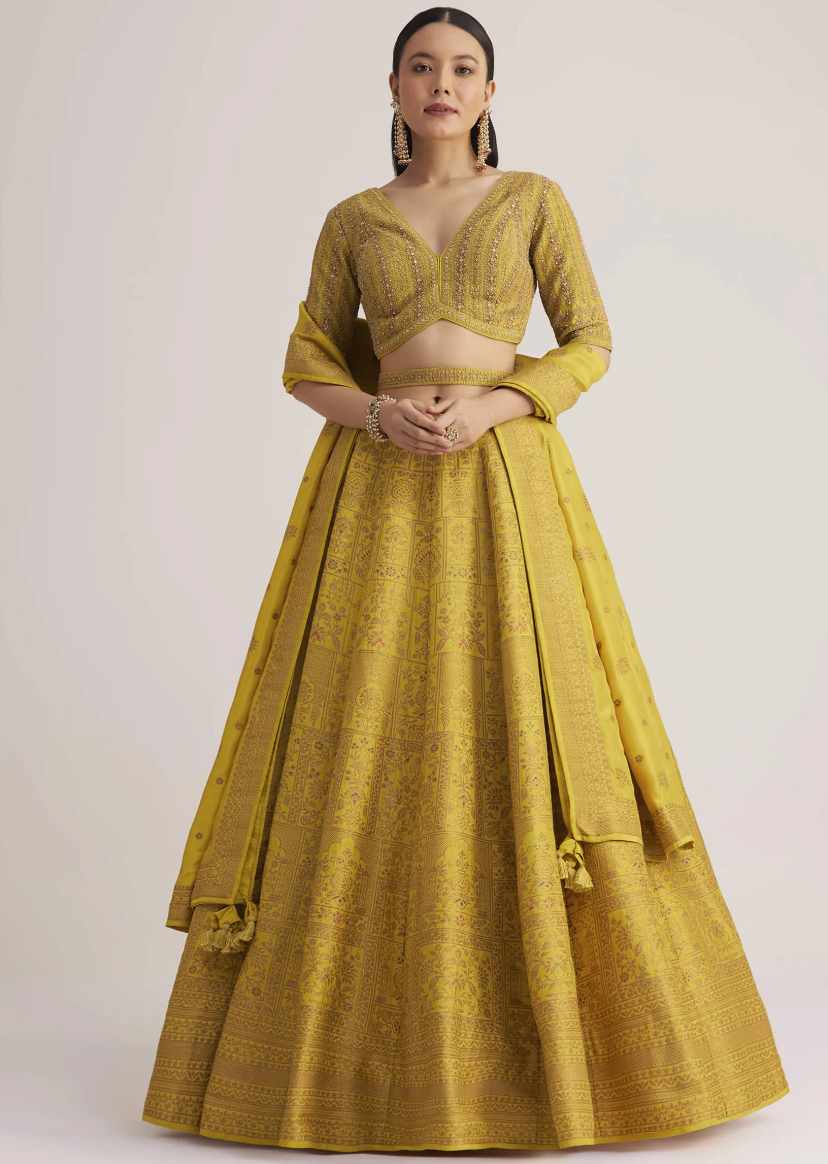 Mustard Yellow Embroidered Lehenga Set With Matching Dupatta