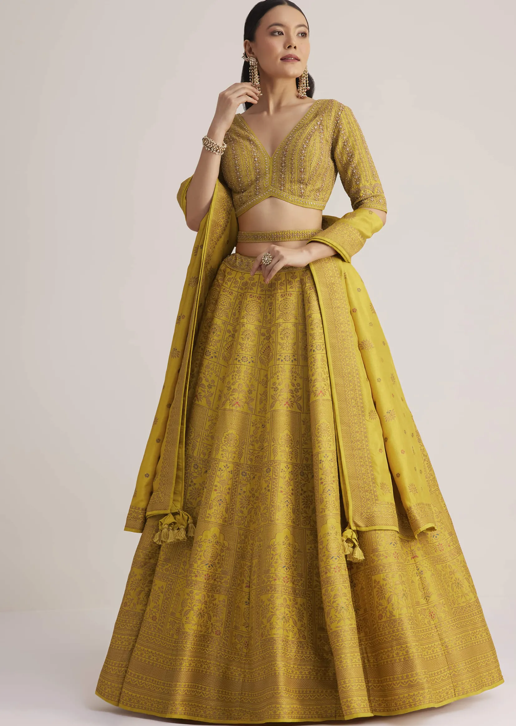 Mustard Yellow Embroidered Lehenga Set With Matching Dupatta