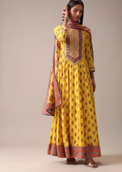 Mustard Yellow Floral Printed Anarkali Suit Set In Art Silk