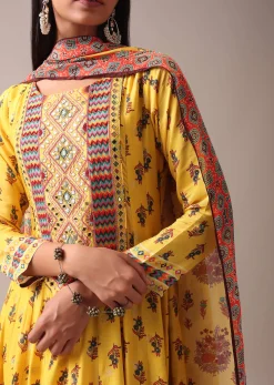 Mustard Yellow Floral Printed Anarkali Suit Set In Art Silk