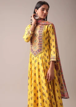Mustard Yellow Floral Printed Anarkali Suit Set In Art Silk