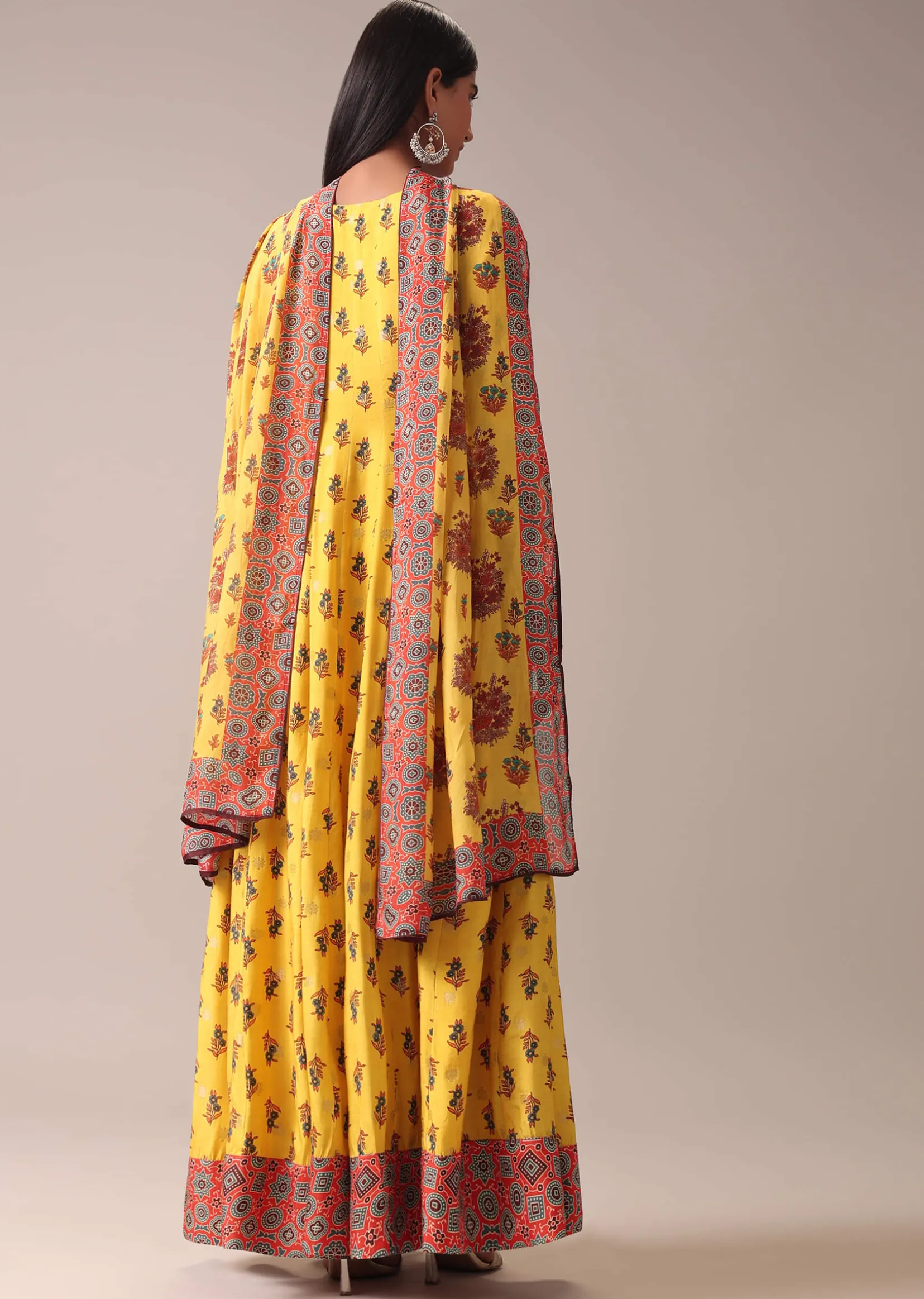 Mustard Yellow Floral Printed Anarkali Suit Set In Art Silk