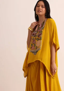 Mustard Yellow Georgette Skirt And Cape In Resham Work