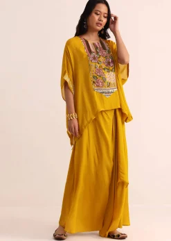 Mustard Yellow Georgette Skirt And Cape In Resham Work