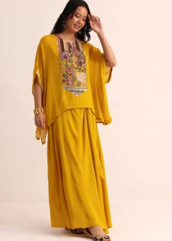 Mustard Yellow Georgette Skirt And Cape In Resham Work