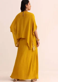 Mustard Yellow Georgette Skirt And Cape In Resham Work