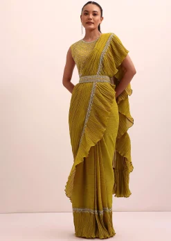 Mustard Yellow Georgette Pre Stitched Frill Saree With Embellished Blouse