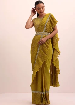 Mustard Yellow Georgette Pre Stitched Frill Saree With Embellished Blouse