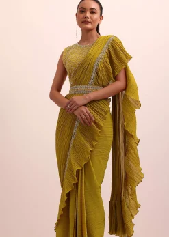 Mustard Yellow Georgette Pre Stitched Frill Saree With Embellished Blouse