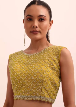 Mustard Yellow Georgette Pre Stitched Frill Saree With Embellished Blouse