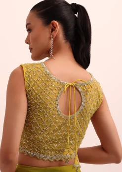 Mustard Yellow Georgette Pre Stitched Frill Saree With Embellished Blouse