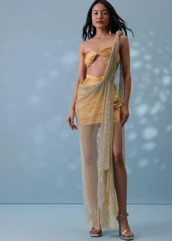 Mustard Yellow Indowestern Skirt And Top Set With Mesh Pleated Drape