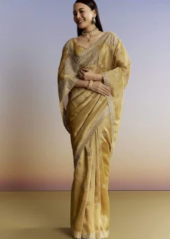 Mustard Yellow Jacquard Tissue Saree With Zigzag Zardosi Work