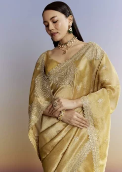 Mustard Yellow Jacquard Tissue Saree With Zigzag Zardosi Work