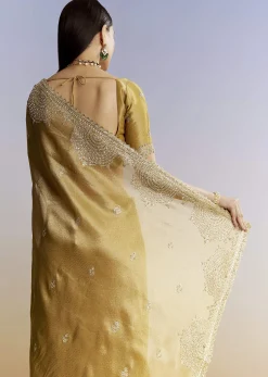 Mustard Yellow Jacquard Tissue Saree With Zigzag Zardosi Work
