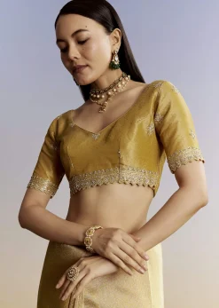 Mustard Yellow Jacquard Tissue Saree With Zigzag Zardosi Work