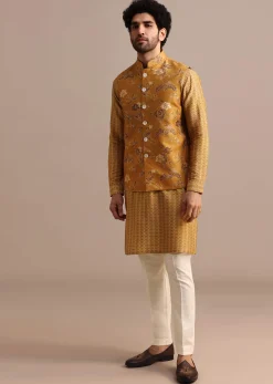 Mustard Yellow Kurta Jacket Set With Floral Cutdana Embroidery