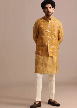 Mustard Yellow Kurta Jacket Set With Floral Cutdana Embroidery