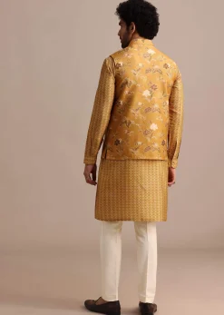 Mustard Yellow Kurta Jacket Set With Floral Cutdana Embroidery