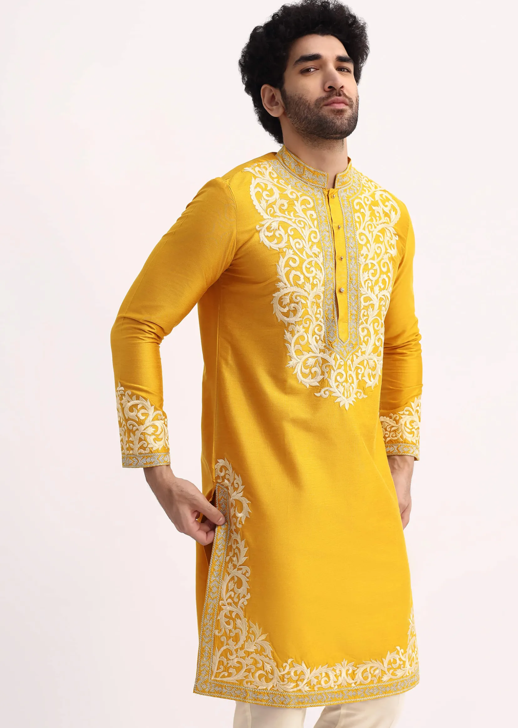 Mustard Yellow Kurta Set With Threadwork