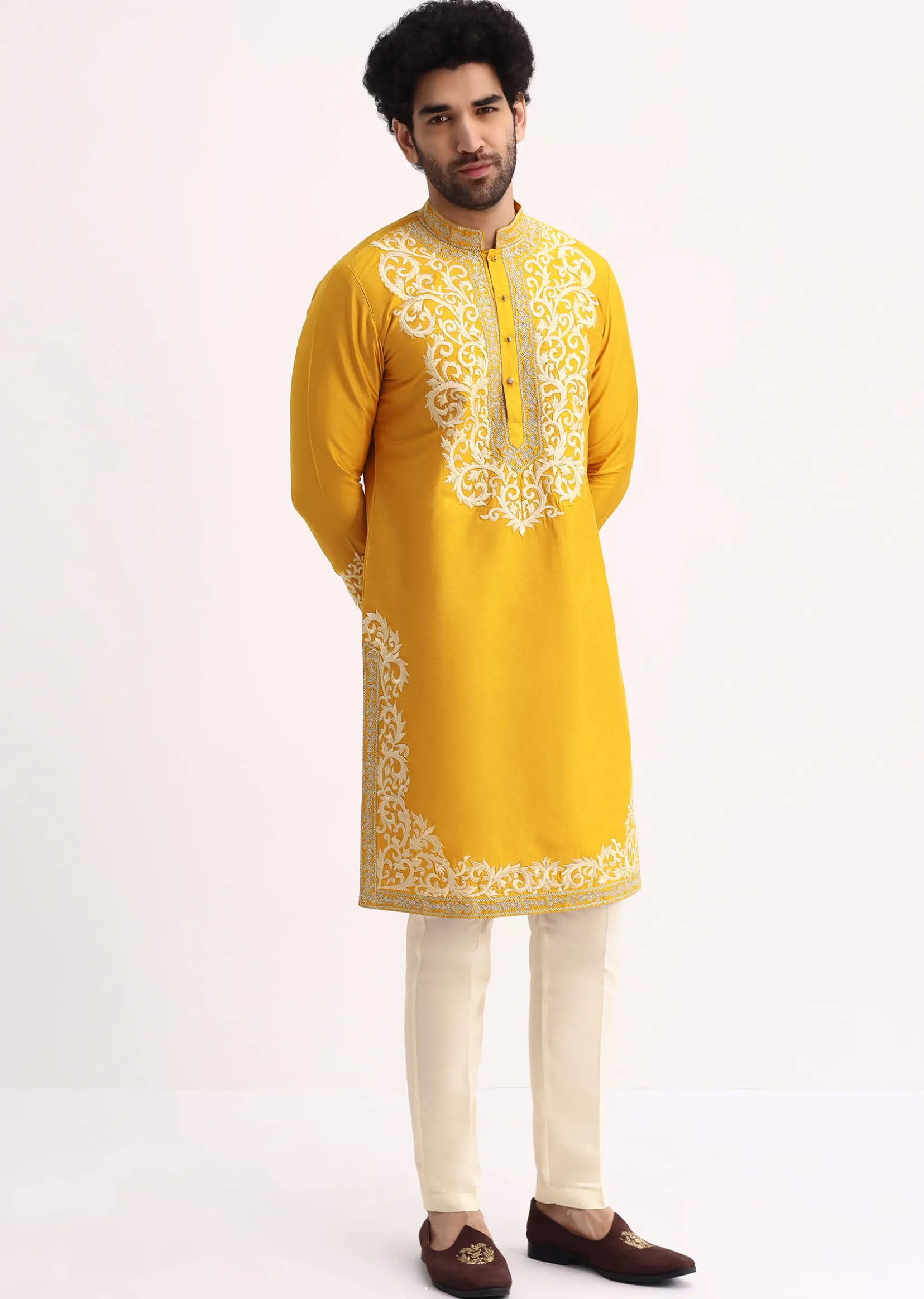 Mustard Yellow Kurta Set With Threadwork
