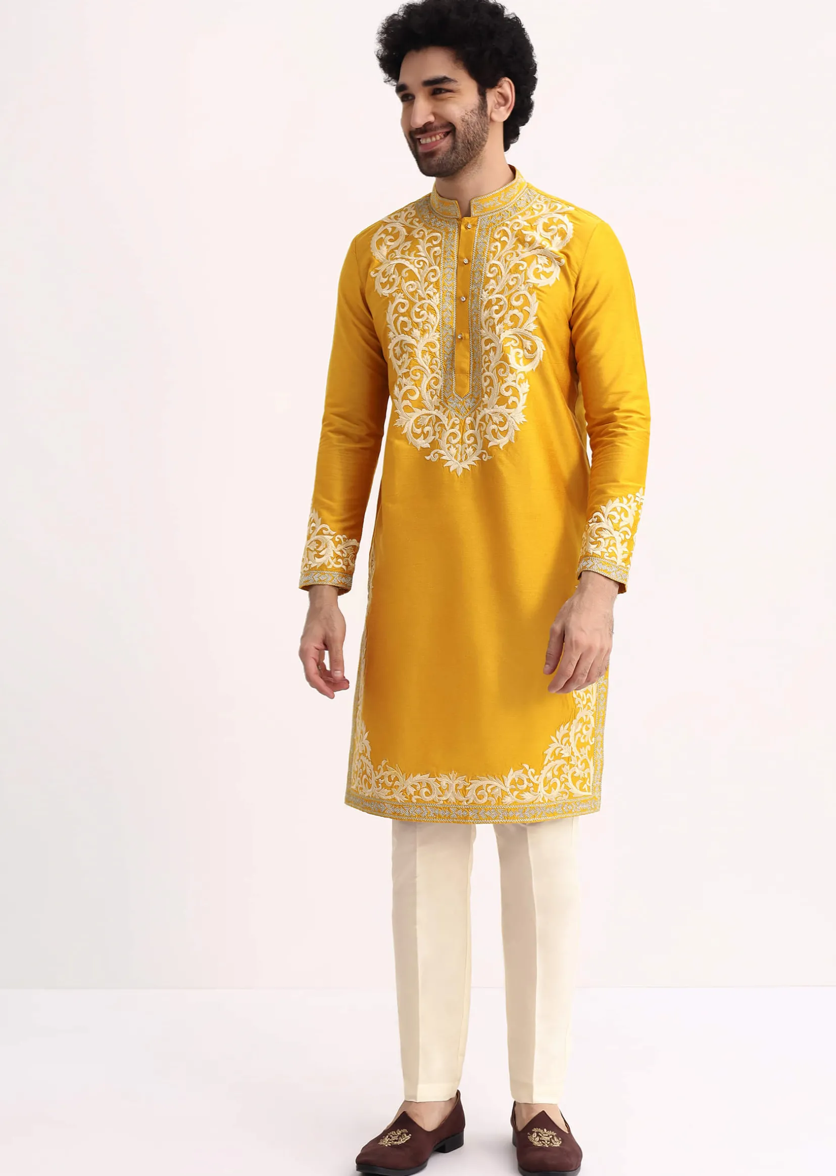 Mustard Yellow Kurta Set With Threadwork