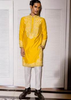 Mustard Yellow Kurta Set With Threadwork