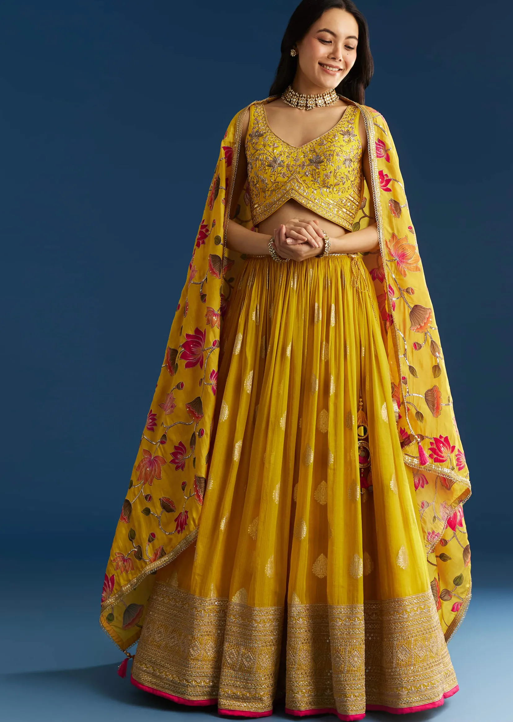 Mustard Yellow Lehenga Set With Zardosi Sequins Choli And Printed Dupatta