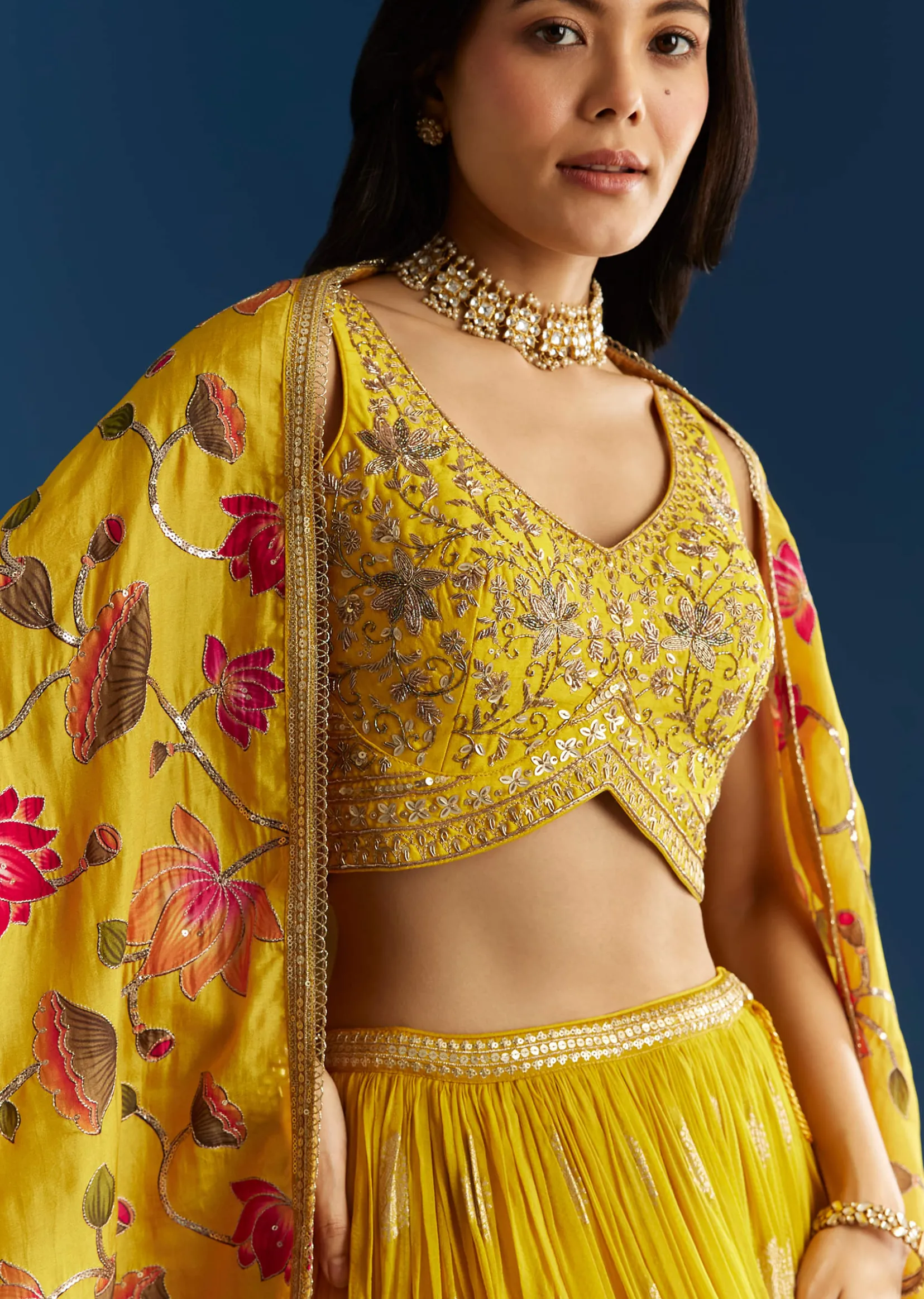 Mustard Yellow Lehenga Set With Zardosi Sequins Choli And Printed Dupatta