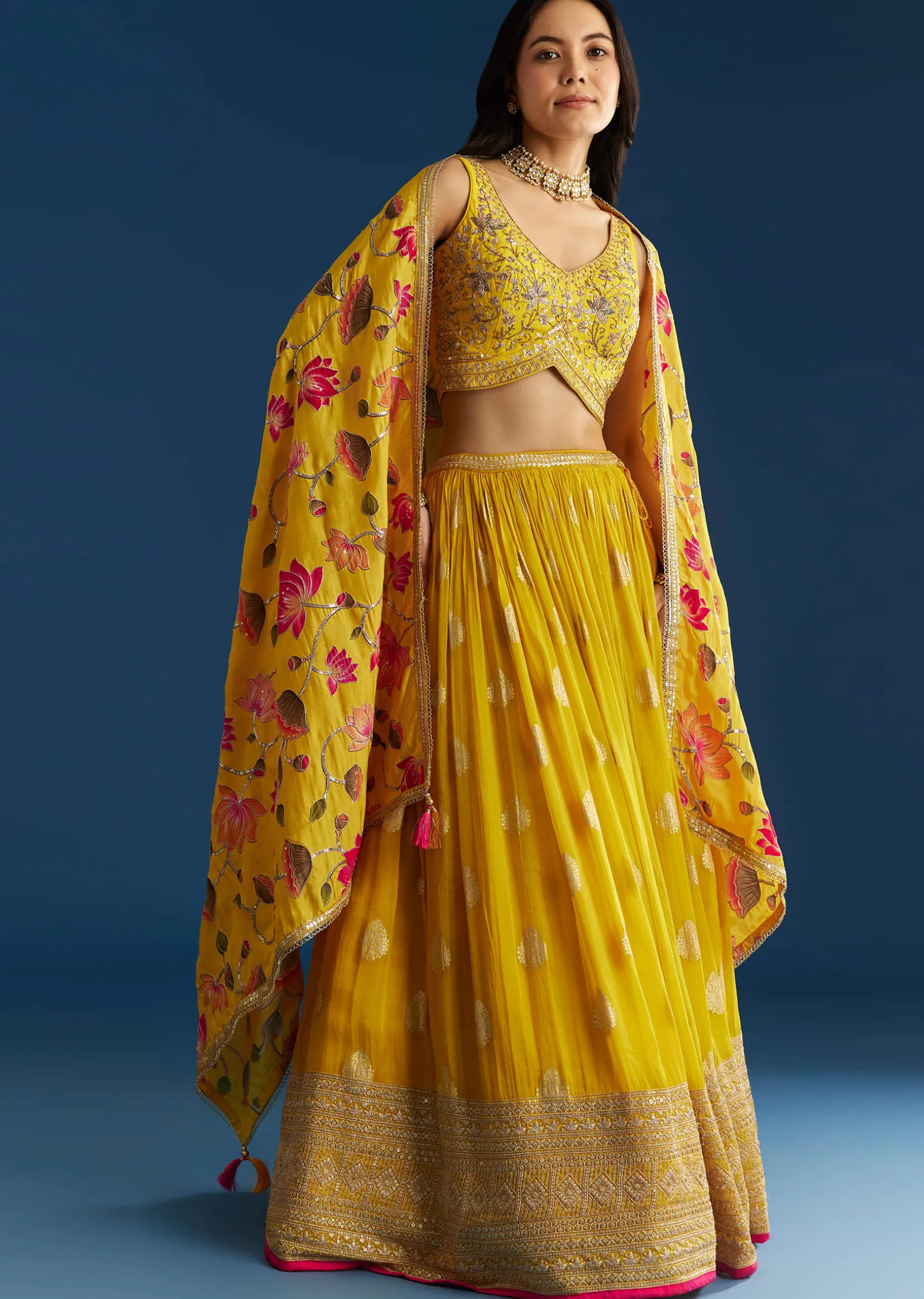 Mustard Yellow Lehenga Set With Zardosi Sequins Choli And Printed Dupatta