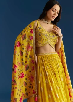 Mustard Yellow Lehenga Set With Zardosi Sequins Choli And Printed Dupatta