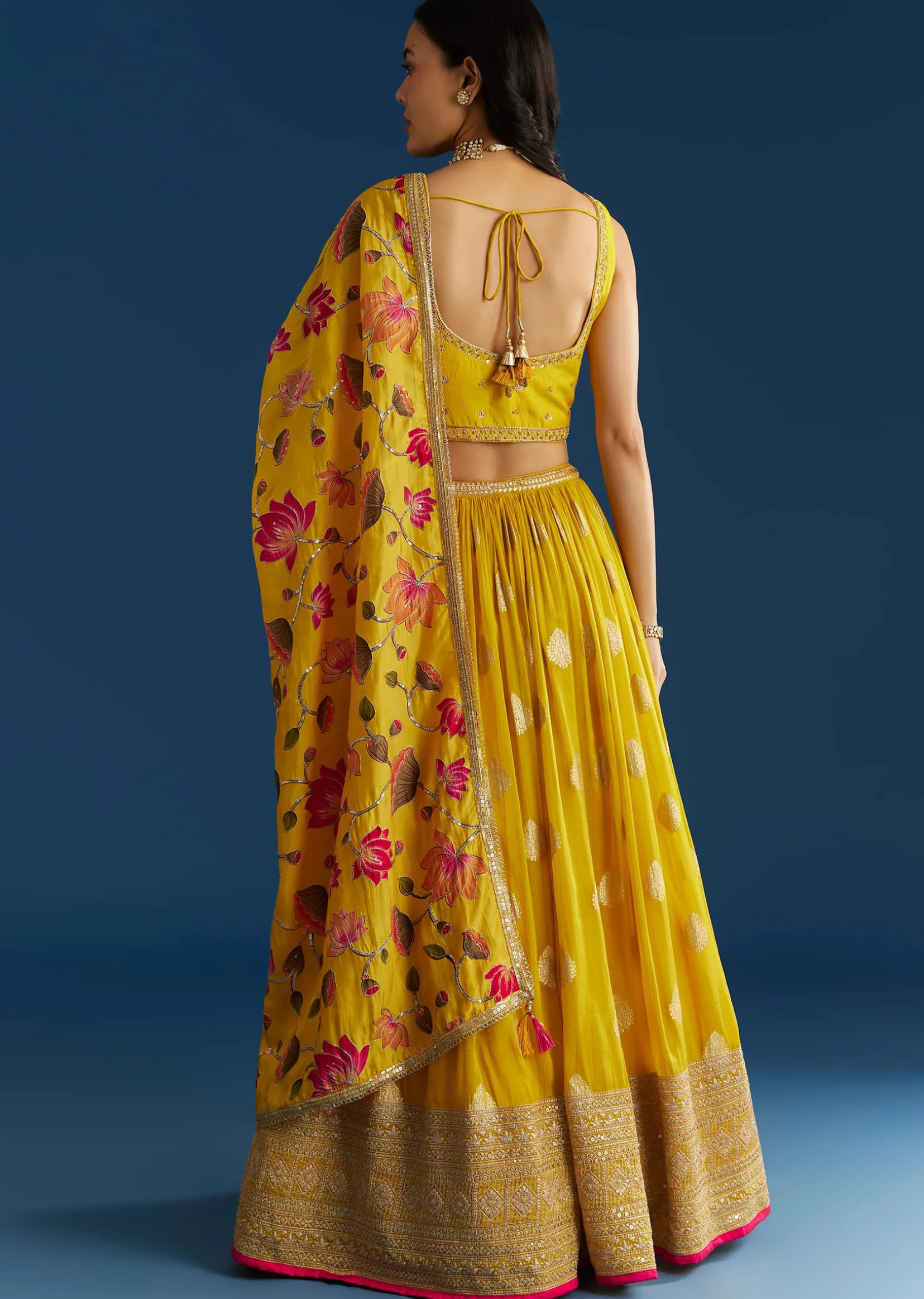 Mustard Yellow Lehenga Set With Zardosi Sequins Choli And Printed Dupatta