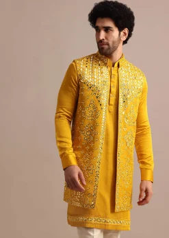Mustard Yellow Mirror Embroidered Silk Kurta Jacket Set For Men