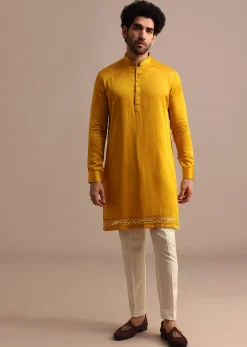 Mustard Yellow Mirror Embroidered Silk Kurta Jacket Set For Men