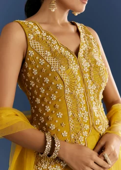 Mustard Yellow Moti Embroidered Kurta Skirt With Dupatta
