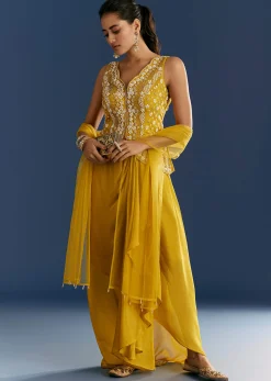 Mustard Yellow Moti Embroidered Kurta Skirt With Dupatta