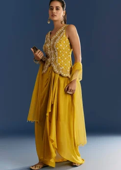 Mustard Yellow Moti Embroidered Kurta Skirt With Dupatta